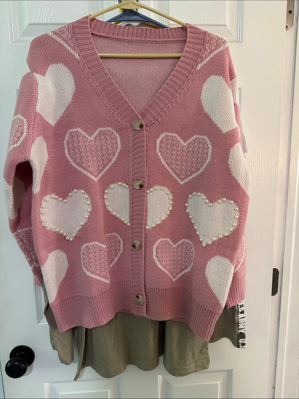Pearl-Embellished Pink Heart V-Neck Cardigan